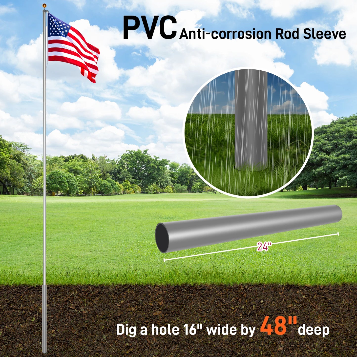 30FT Aluminum Flag Pole Kit with 5x3 US Flag for Outdoor Display