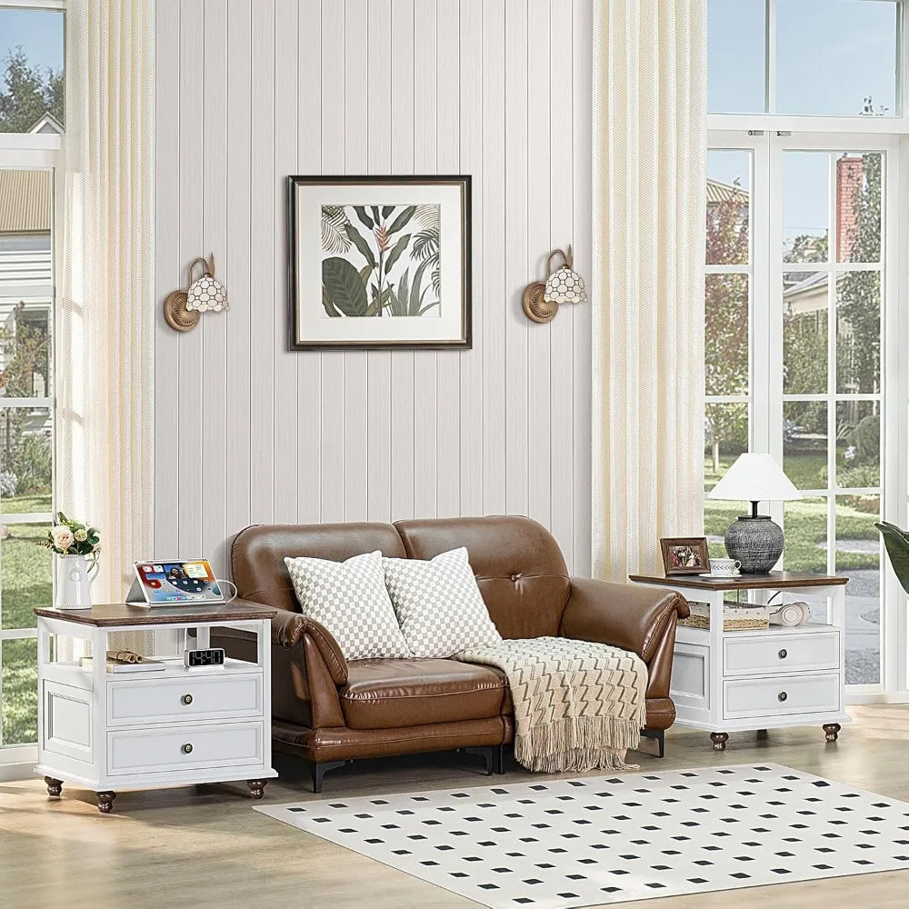 Farmhouse Nightstand with Charging Station 2 Drawers White End Table