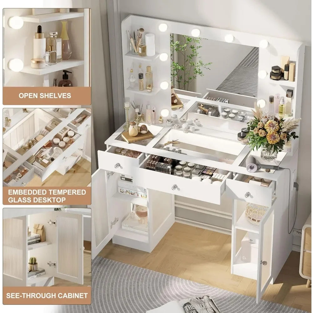 Makeup Vanity Desk with Mirror and Lights Storage Cabinet for Bedroom
