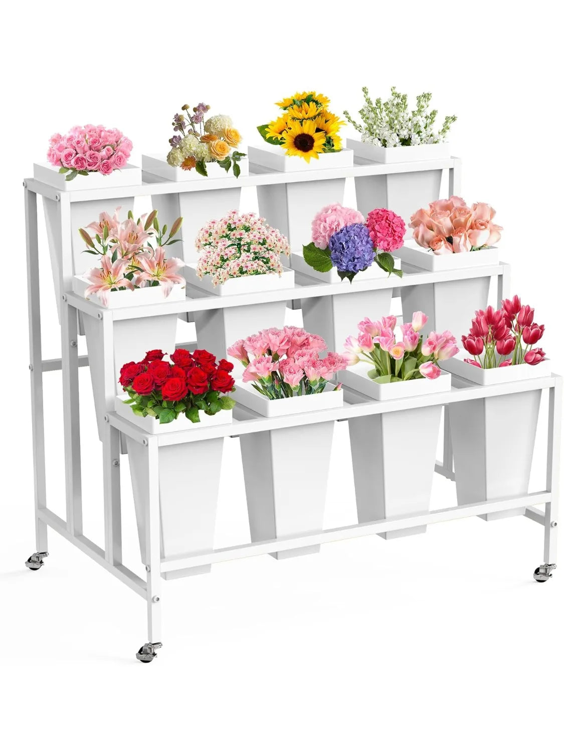 Flower Display Stand 12 Buckets 3 Layers Metal Cart with Wheels for Florists