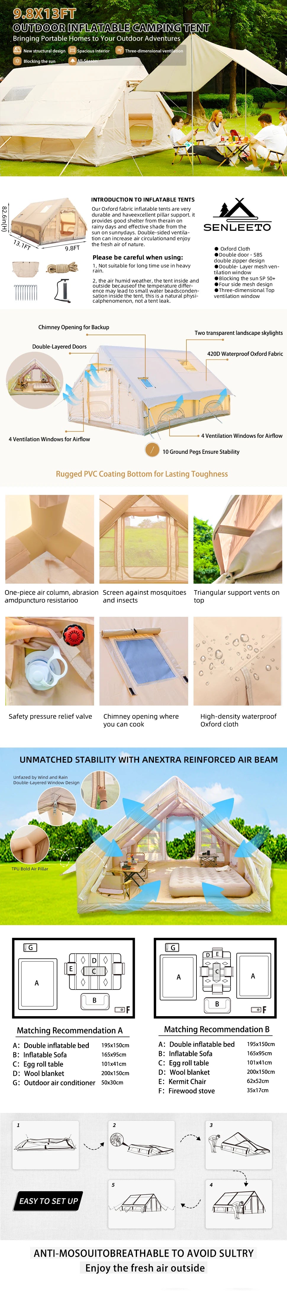 8-10 Person Inflatable Tent Camping Large Easy Setup Waterproof Tent