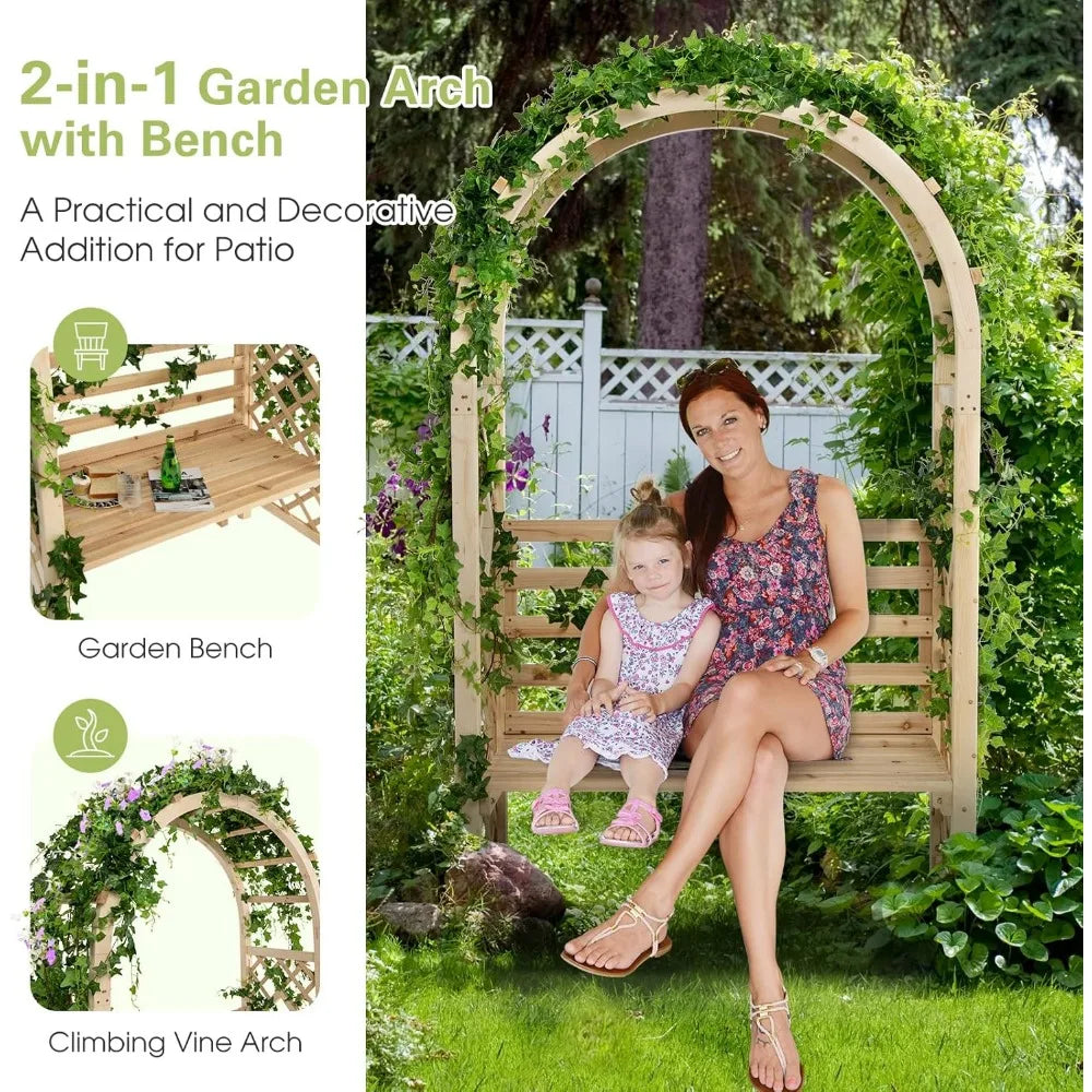 Ljustra 81.5 Inch Wooden Garden Arch with 2 Person Bench Outdoor Decor