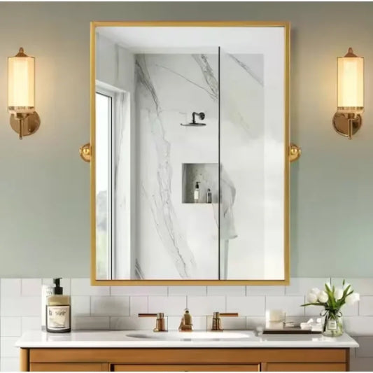 Gold Pivot Bathroom Mirror 38x26 Tilted Beveled Vanity Wall Mirror