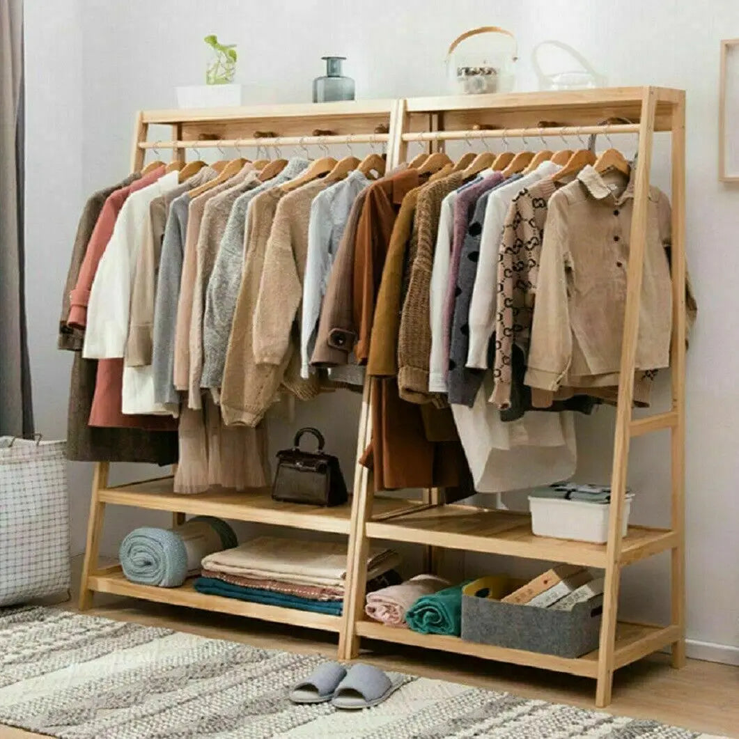 Bamboo Heavy Duty Coat Rack with Shoe Shelves Organizer