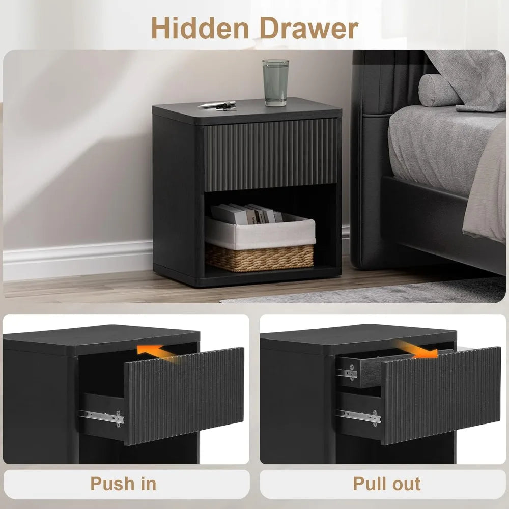 22.8" W Black Nightstand with Hidden Drawers Mid Century Modern Design