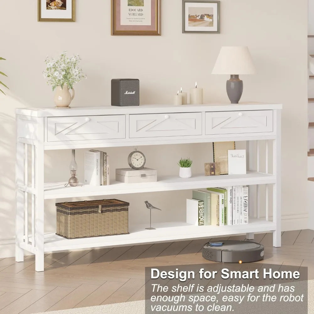 Modern White Entryway Table with 3 Drawers and Storage Shelf