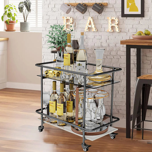 Luxury Modern Rolling Bar Cart 2-Tier Serving Cart with Lockable Wheels