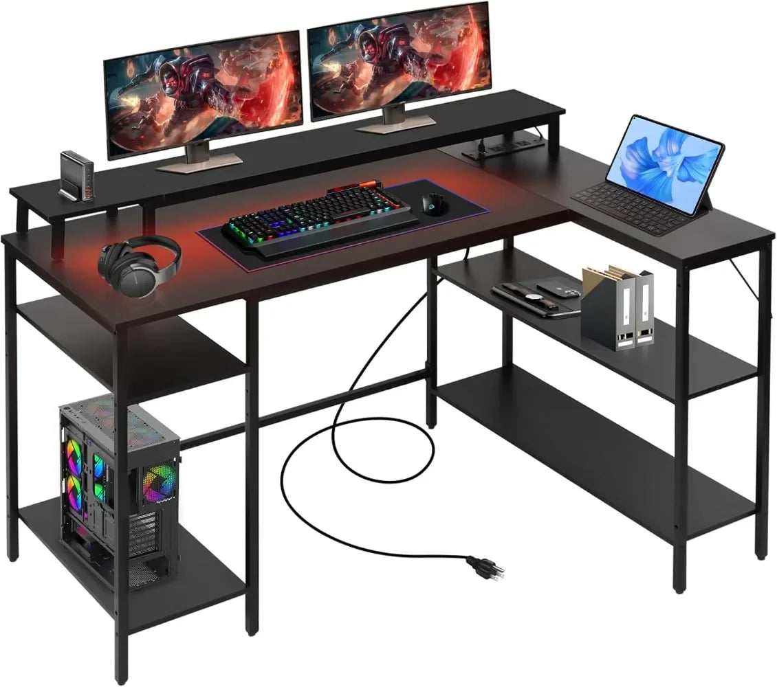 L Shaped Gaming Desk with LED Lights Power Outlets Reversible Design