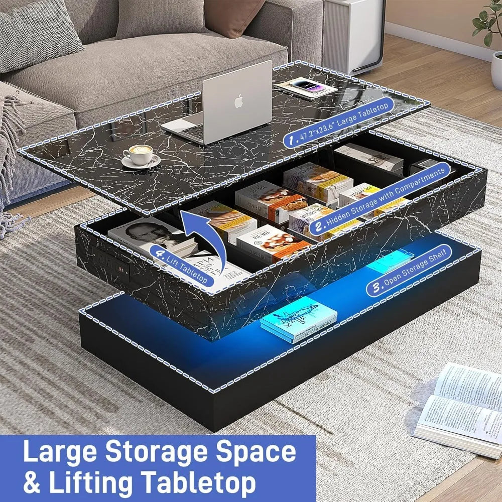 Large Lift Top Coffee Table with Charging Station LED Modern Center Table