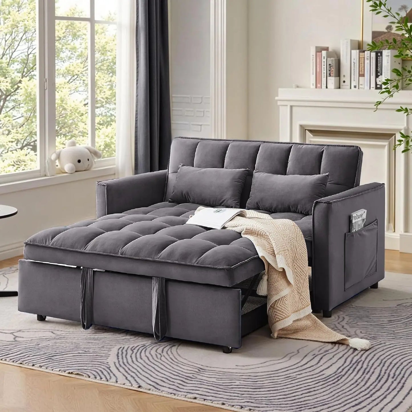 Sleeper Sofa Bed 55 Inch Convertible Loveseat Couch with Side Pockets