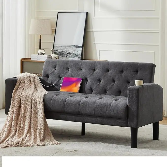 62 Inch Loveseat Sofa with USB Ports and Cupholders Modern Design