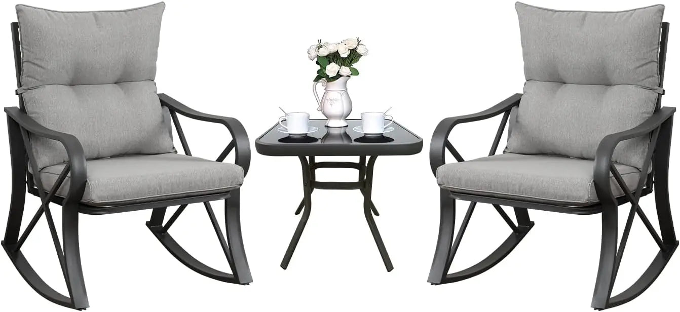 3 Piece Bistro Set Patio Rocking Chairs Glass-Top Table Outdoor Furniture