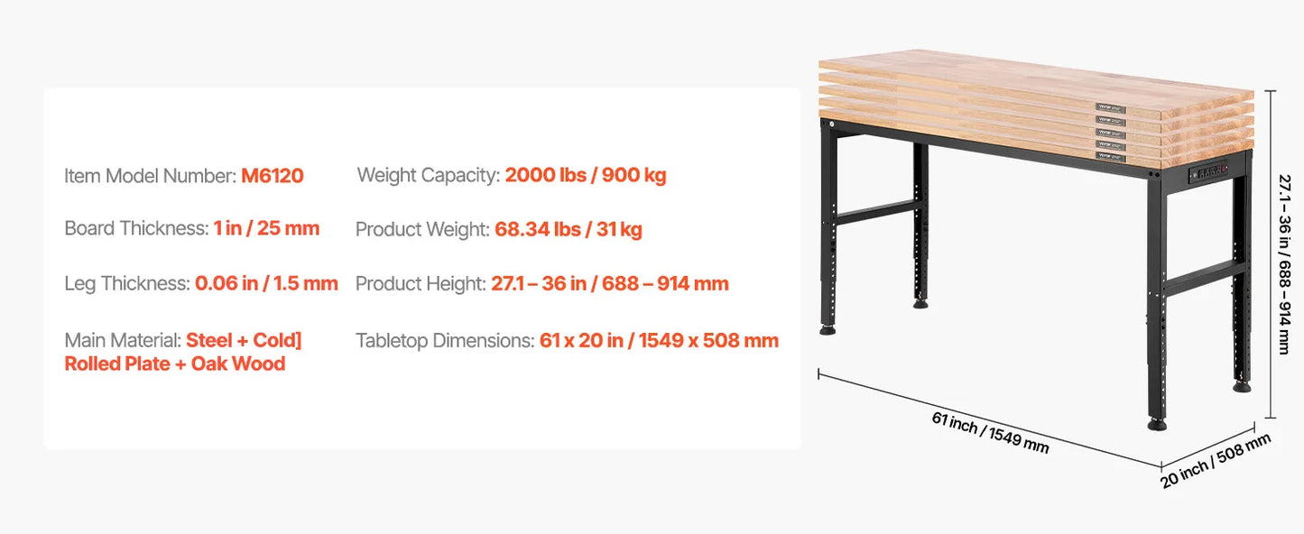Ljustra Adjustable Workbench Heavy Duty Woodworking with Power Outlets