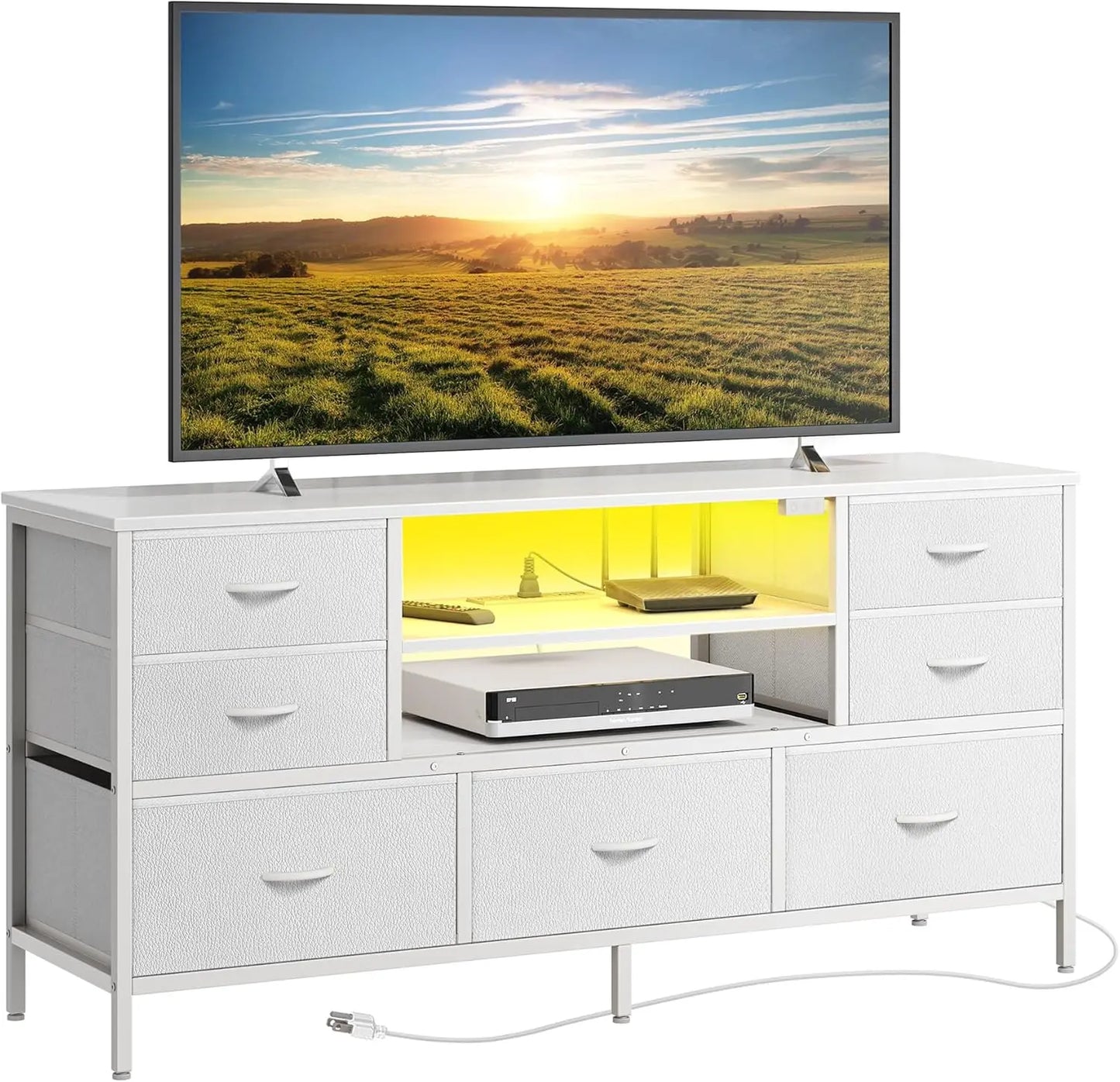 Modern TV Stand with Power Outlets LED Lights 7 Drawer Console