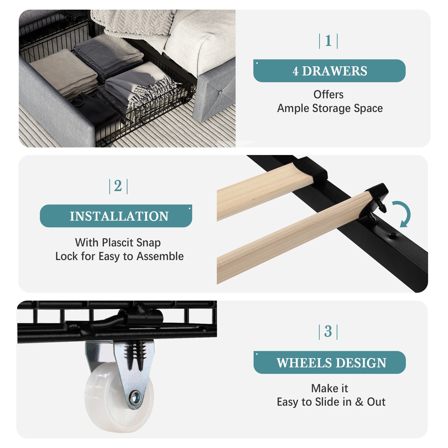 Ljustra Platform Storage Bed Frame 4 Drawers Adjustable Headboard Modern