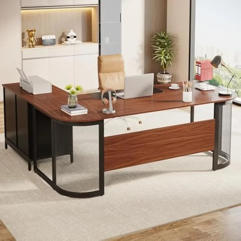 63 Inch L Shaped Executive Desk with File Cabinet Large Computer Desk