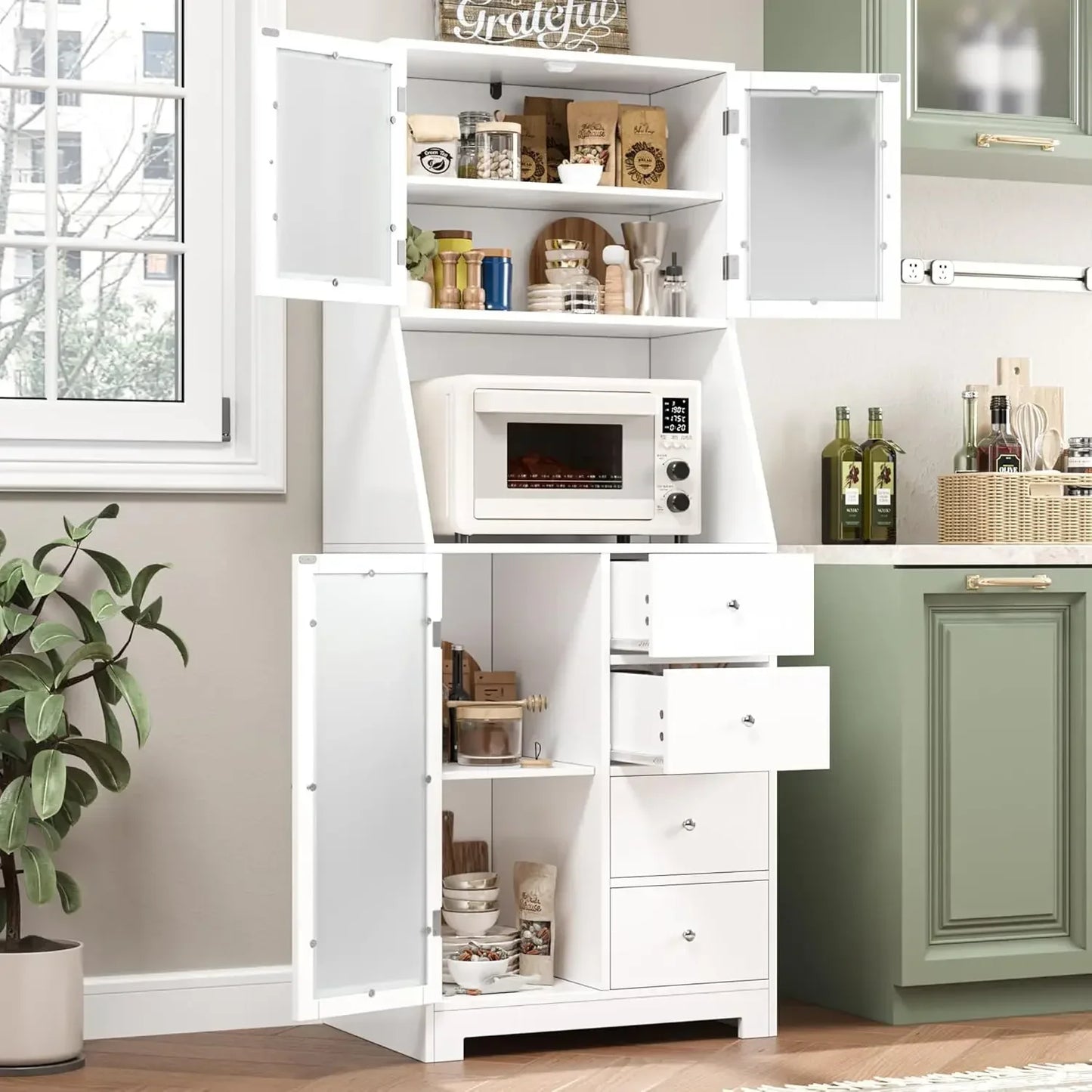 64 Inch Tall Kitchen Storage Cabinet Pantry Hutch with Adjustable Shelves