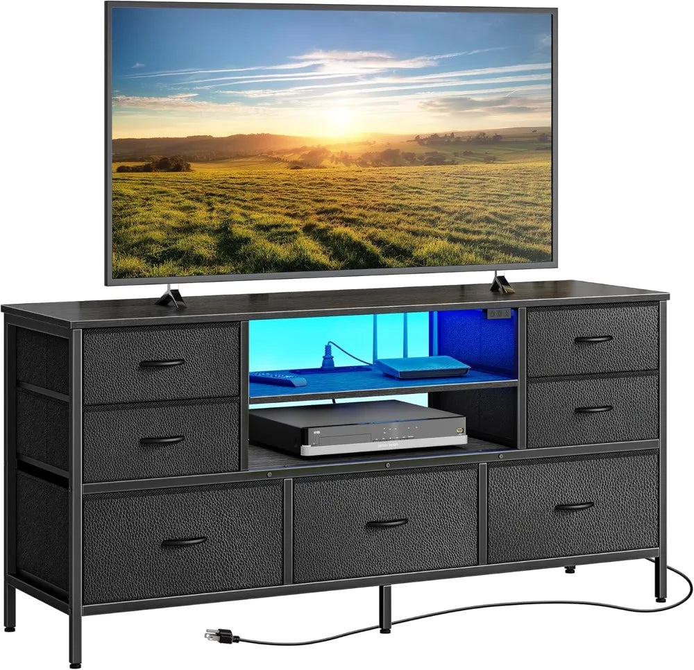 Modern TV Stand with Power Outlets LED Lights 7 Drawer Console