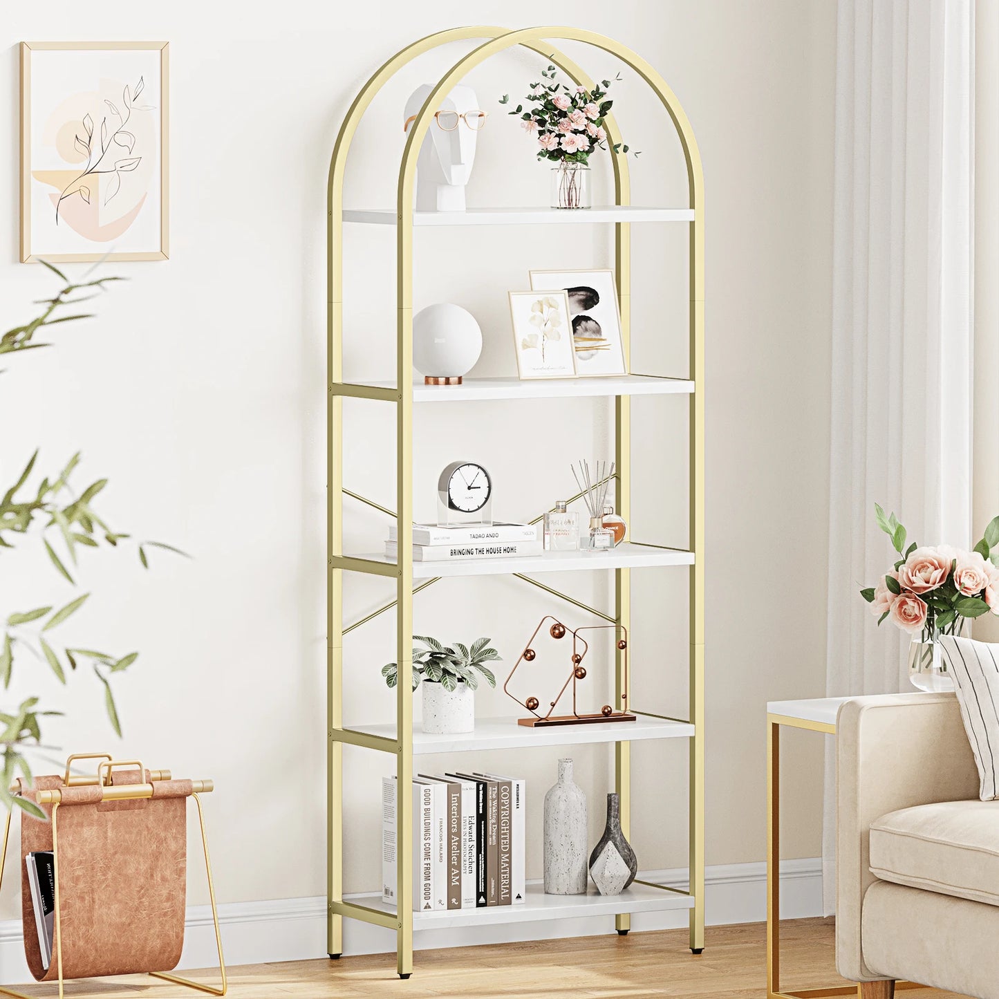 Tall 5 Tier Bookshelf Arched Display Modern Metal Frame Wooden Bookcase