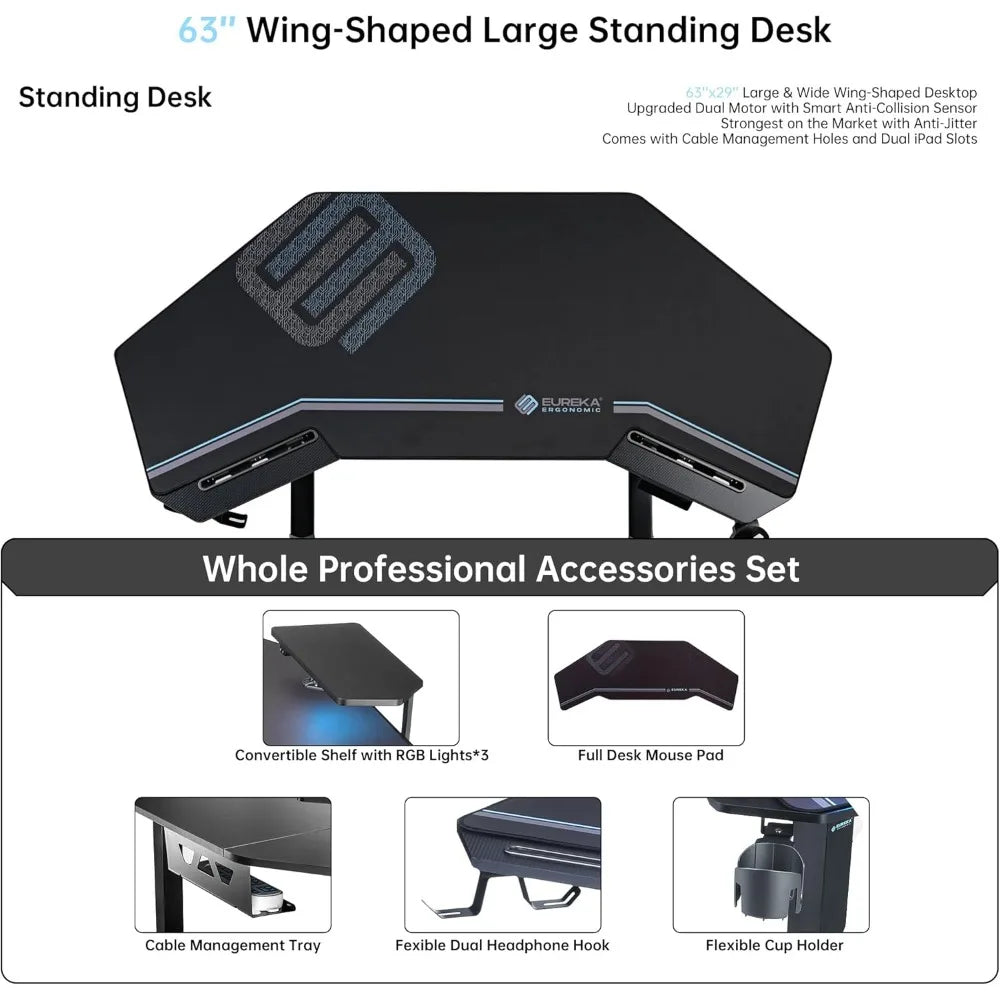 Gaming Desk Adjustable Height Standing Desk 63 Inch Wing Shaped Workstation