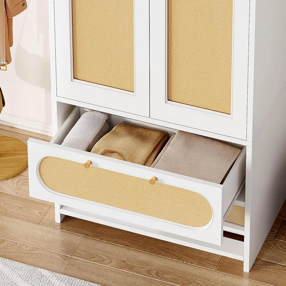 Rattan Wardrobe Closet 70 Inch Tall Large Armoire Storage Cabinet