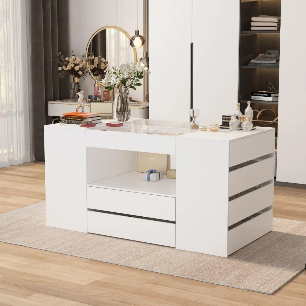 Armoire Bedroom Island Wardrobe Closet with 14 Drawers Glass Tabletop