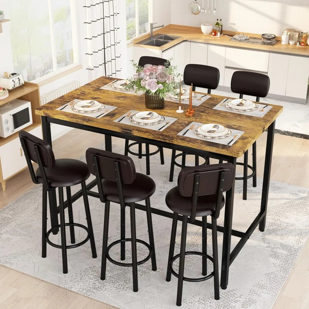 7-Piece Modern Dining Table Set with 6 PU Leather Bar Chairs