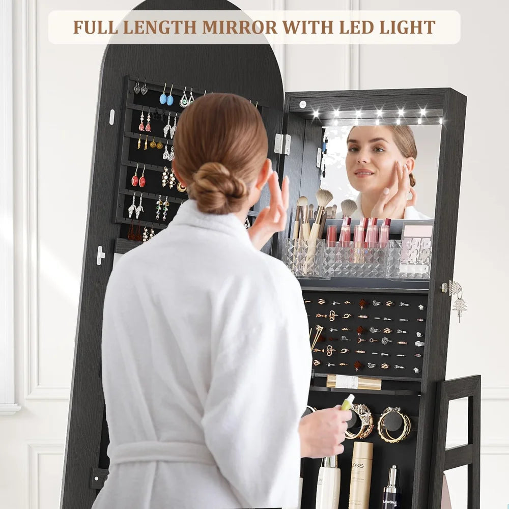 LED Mirror Jewelry Cabinet Lockable Standing Armoire with Adjustable Lights