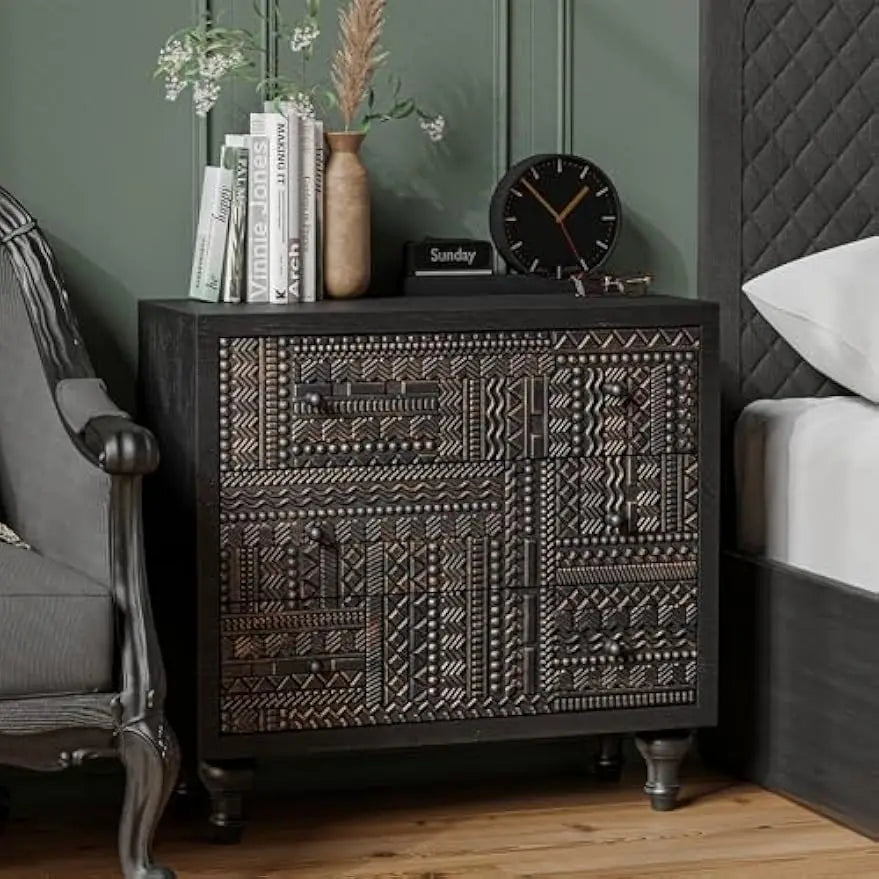 3 Drawer Farmhouse Dresser Geometric Carved Pattern Vintage Accent Chest
