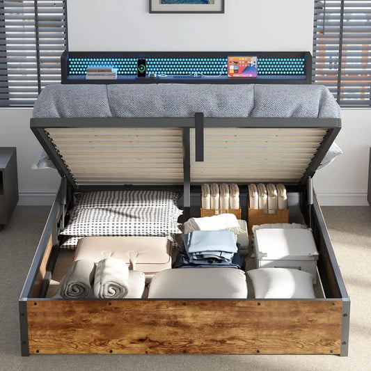 Ljustra Queen Size Lift Up Bed Frame with LED Light Storage Headboard