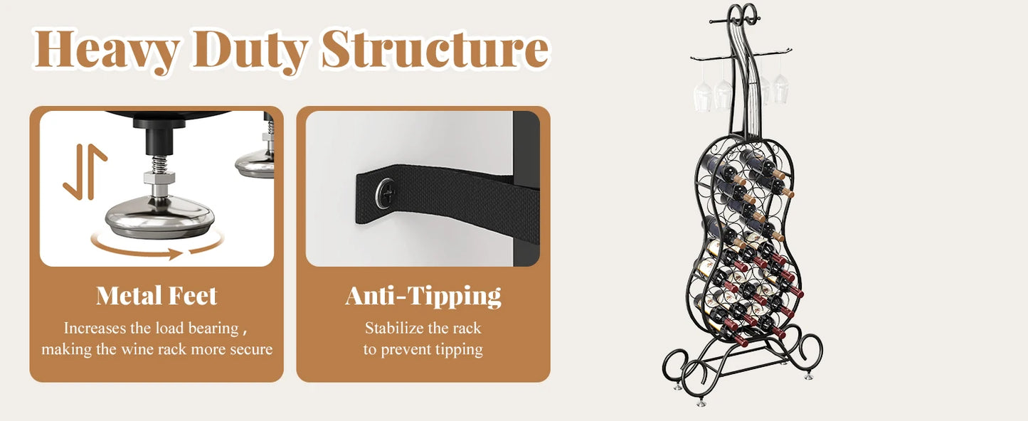 Freestanding Wine Rack Storage for 32 Bottles with Glass Holder