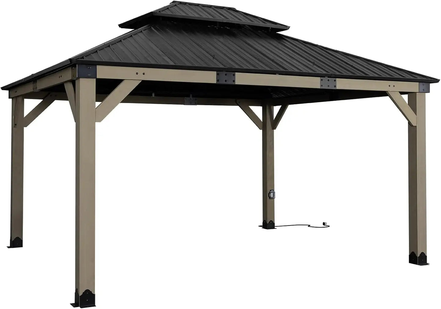 12x14 Ft Wooden Gazebo with Metal Roof and Charging Socket for Patio