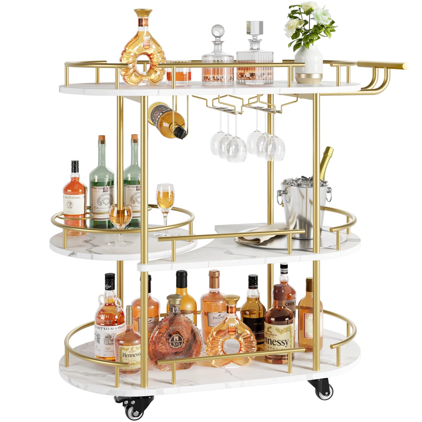 Gold Bar Cart 3 Tier Rotating Bar Serving Cart with Wine Rack and Wheels