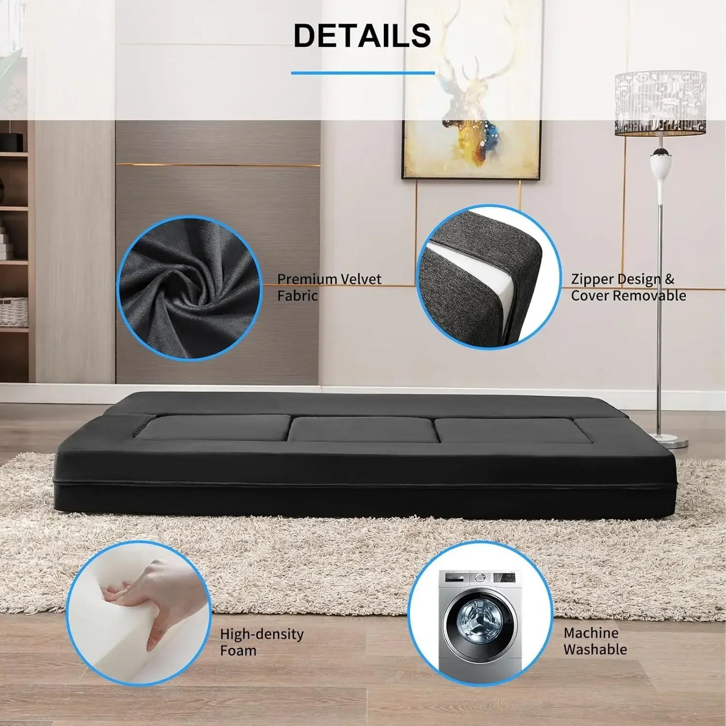 Ljustra Velvet Folding Sofa Bed 2-in-1 Convertible Couch with Ottomans