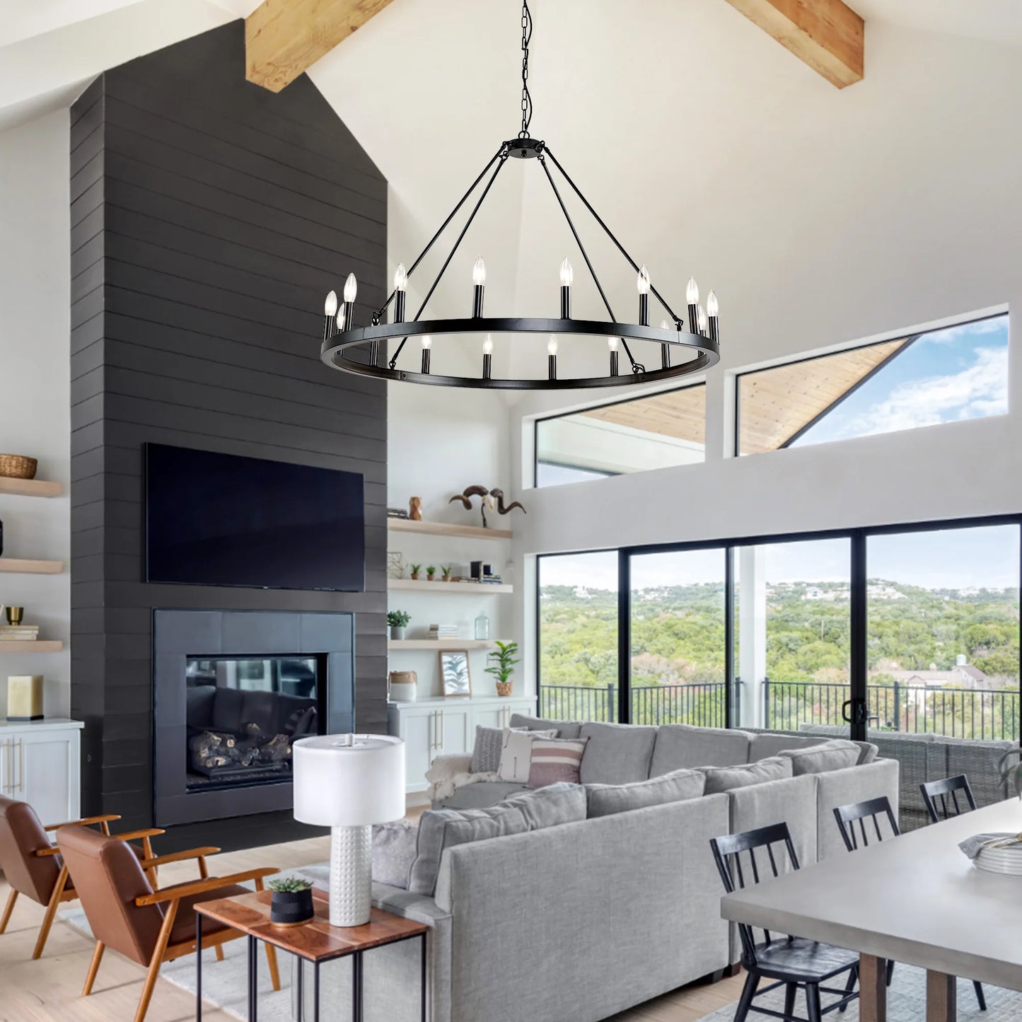 16-Light Wagon Wheel Chandelier Modern Rustic Pendant Light for Home