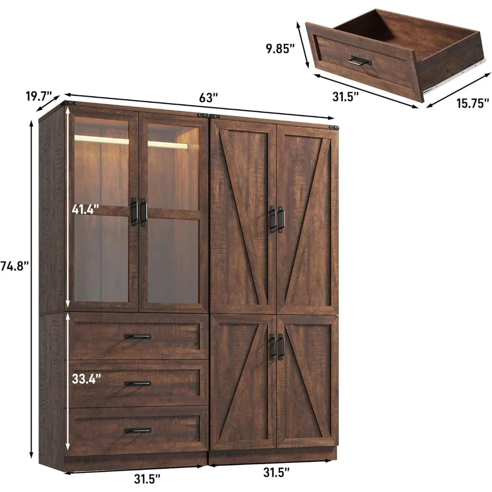 Ljustra 75" Tall Farmhouse 4 Doors Armoire Wardrobe Closet with LED