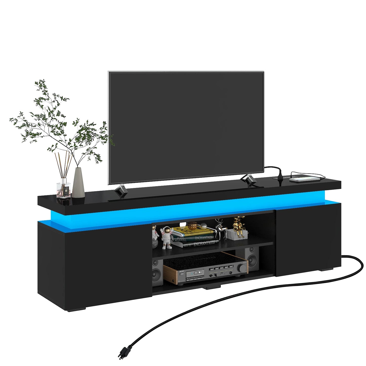 66 Inch LED TV Stand Modern Gaming Cabinet with Power Outlet Storage