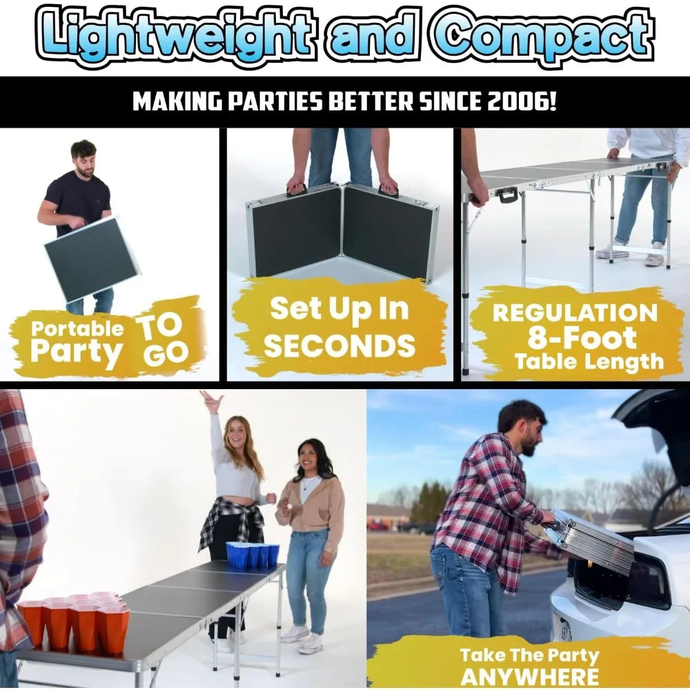 8-Foot Folding Beer Pong Table with Ball Holder LED Lights Custom Graphic