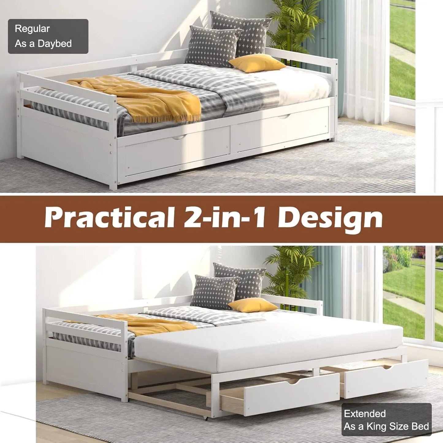 Twin to King Daybed with Trundle and Storage Drawers Modern Sofa Bed
