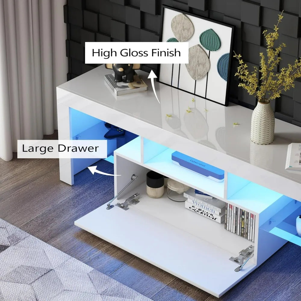 Modern White TV Stand with LED Lights for 32-55 Inch TVs Entertainment Center
