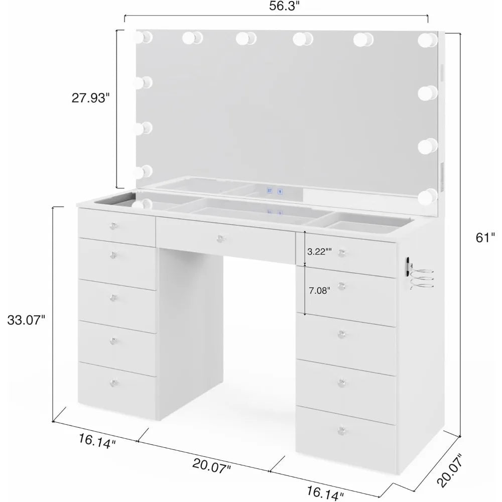 elle white makeup vanity desk with bluetooth speaker and hollywood lights