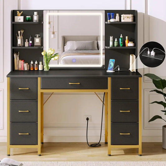 Vanity Desk with Lighted Mirror Power Outlet 7 Drawers 3 Lighting Modes