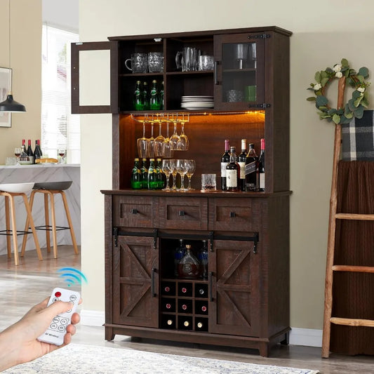 72 Inch Coffee Wine Bar Cabinet with Sliding Barn Door Farmhouse Sideboard