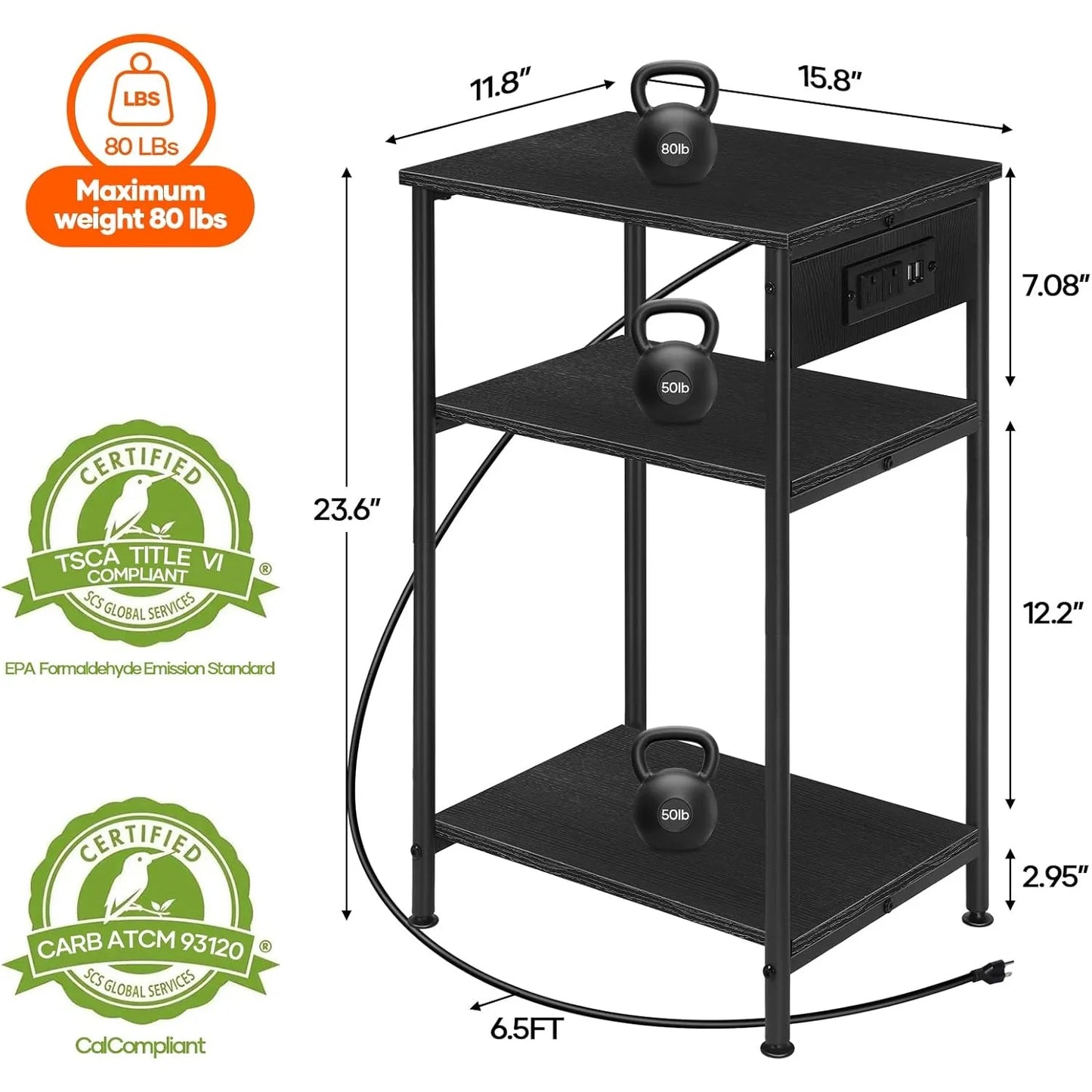 Space Saving Nightstand with USB Ports and Storage Drawer for Bedroom