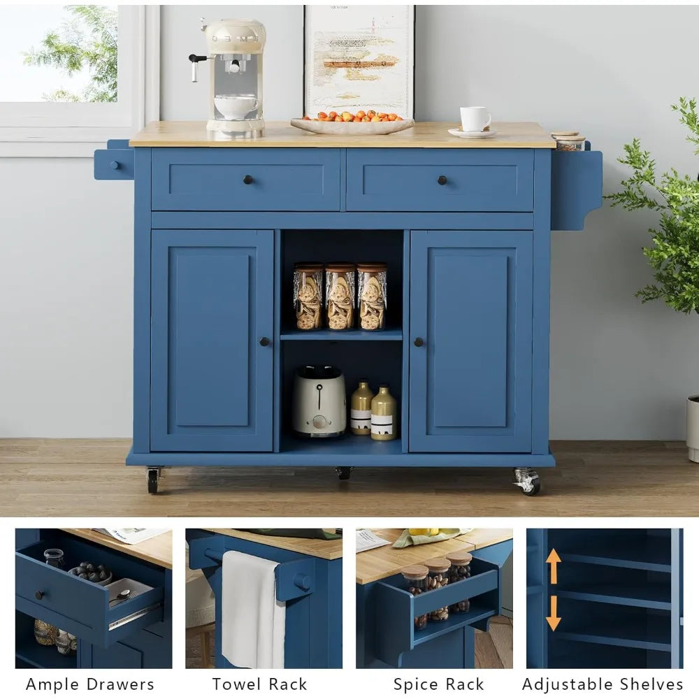 Portable Kitchen Island on Wheels with Drop Leaf Storage Cart