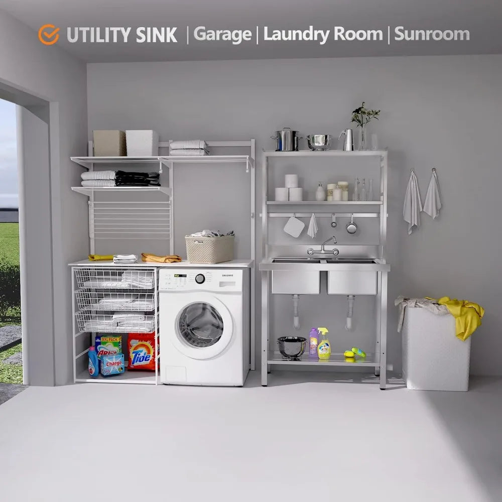 67 Inch Commercial Sink Double Basin Stainless Steel with Shelves