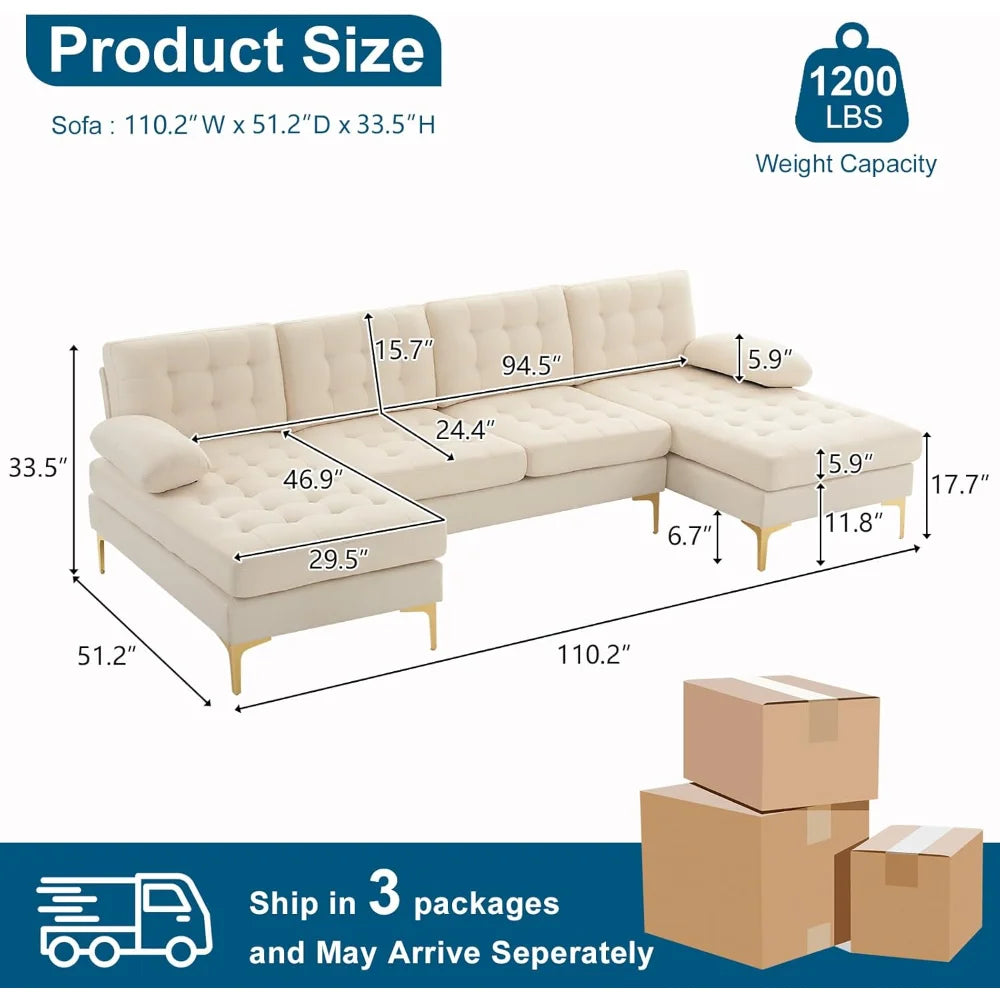 Modern U Shaped Sectional Sofa with Double Chaise, Tufted Button Couch