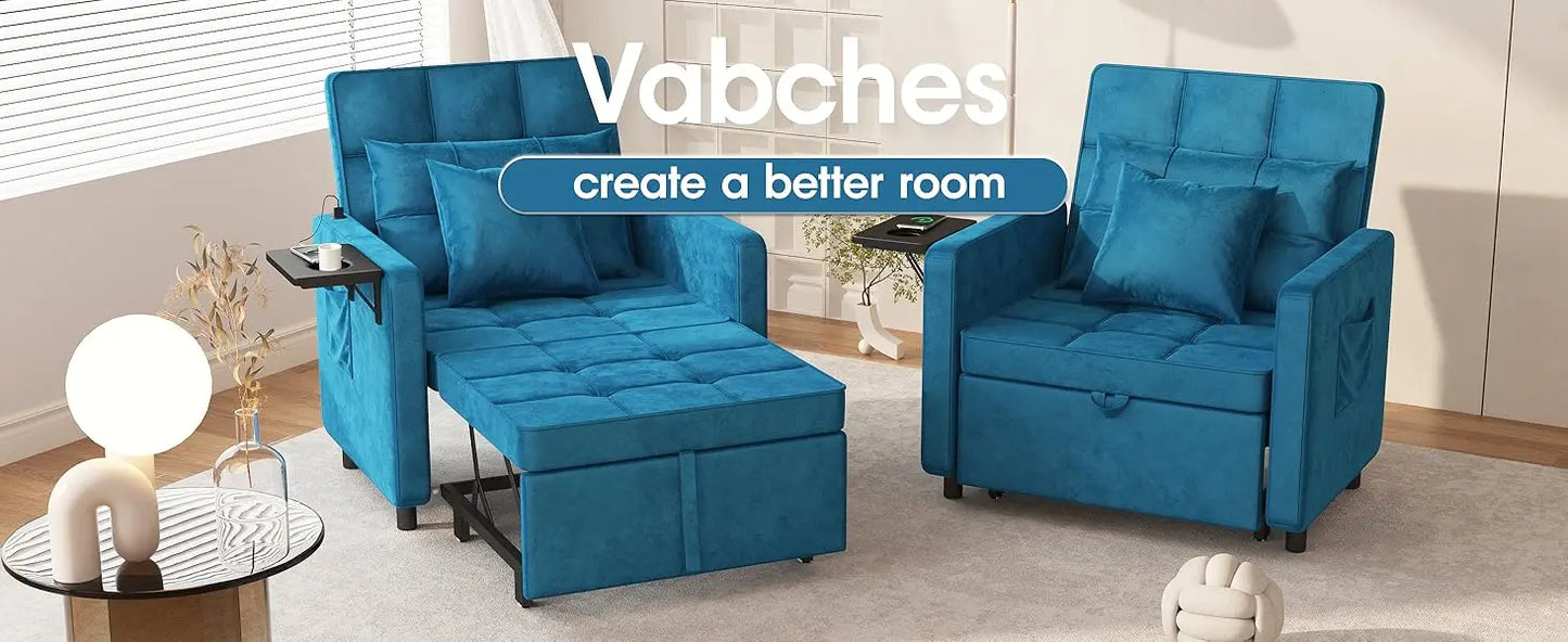 Ljustra Velvet Chaise Lounge Chair with USB Ports 3-in-1 Sofa Bed