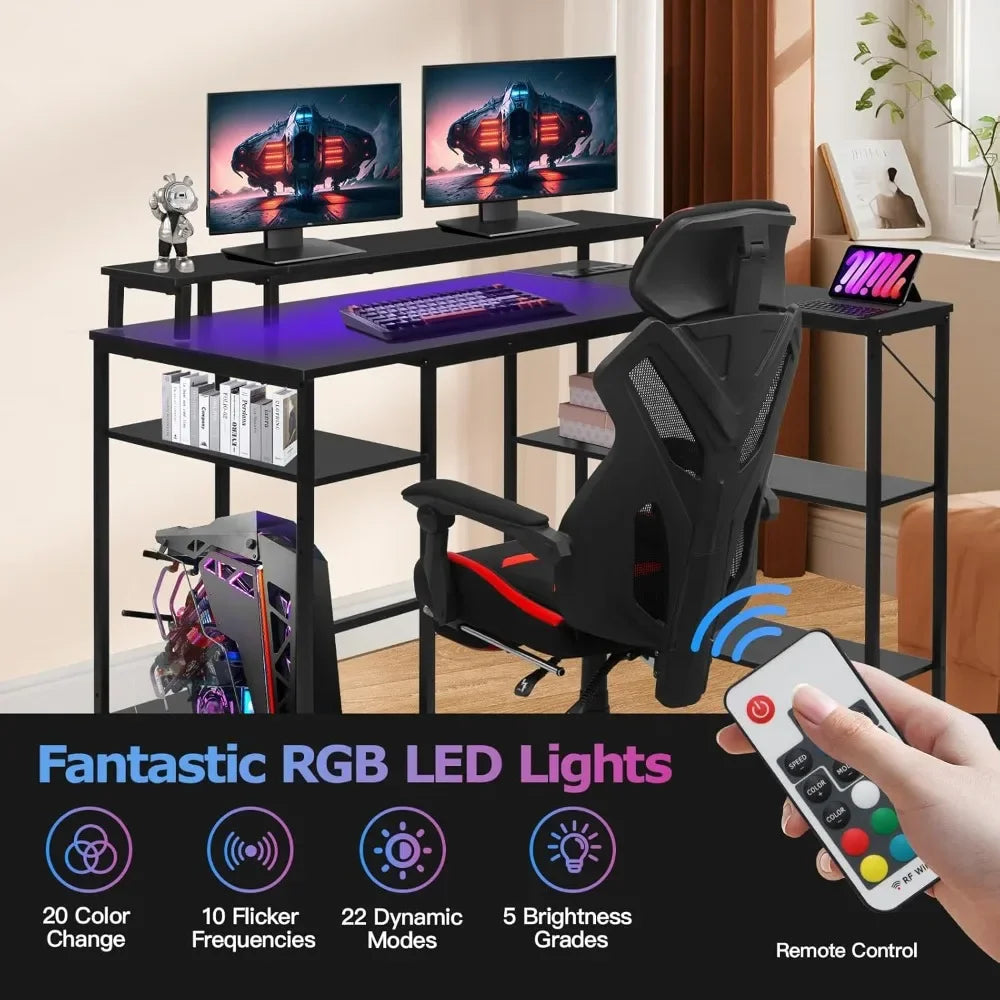 L Shaped Gaming Desk with LED Lights Power Outlets Reversible Design
