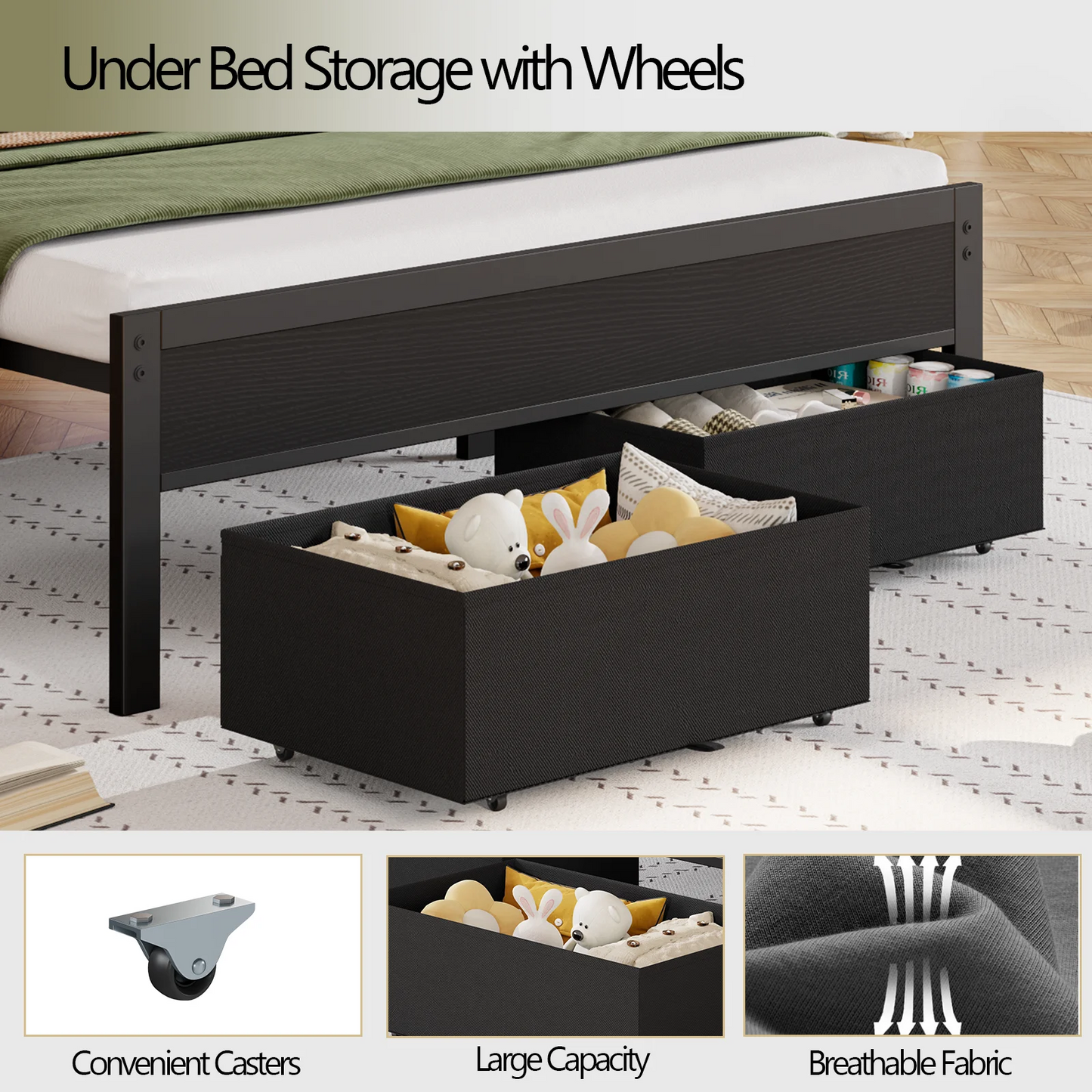 Ljustra Full Bed Frame with Charging Station LED Lights and Storage